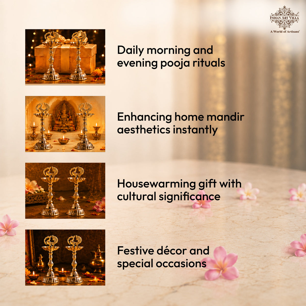 Brass Pillar Diya Set of 2 - Standing Oil Lamps