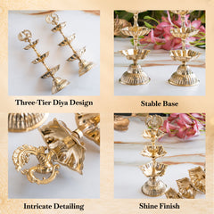 Brass Three-Tier Pillar Diya Set of 2 for Pooja & Home Décor