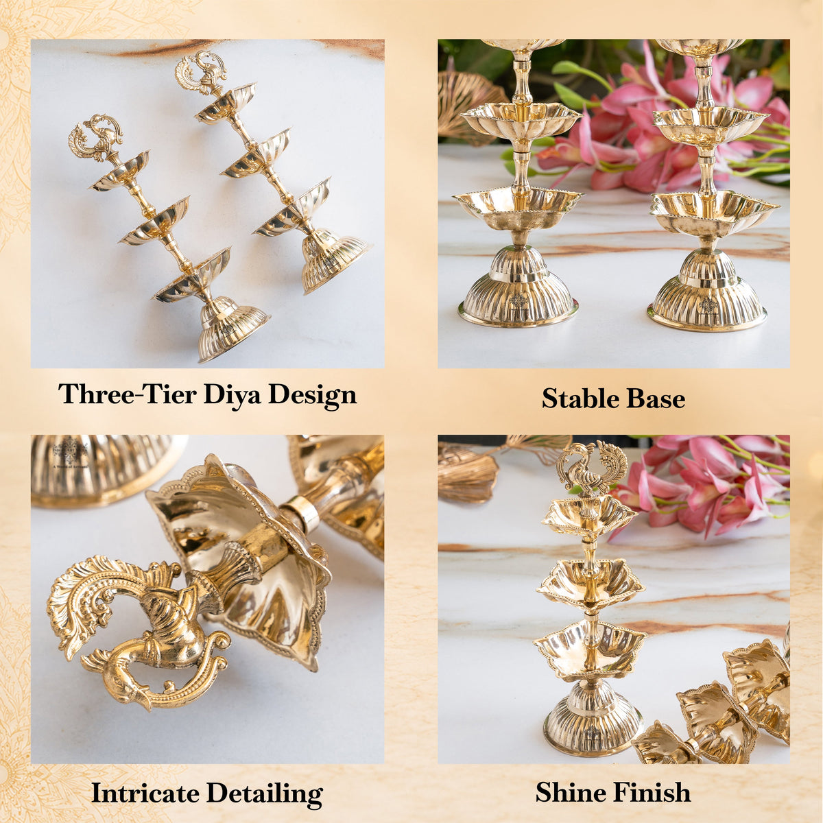 Brass Three-Tier Pillar Diya Set of 2 for Pooja & Home Décor