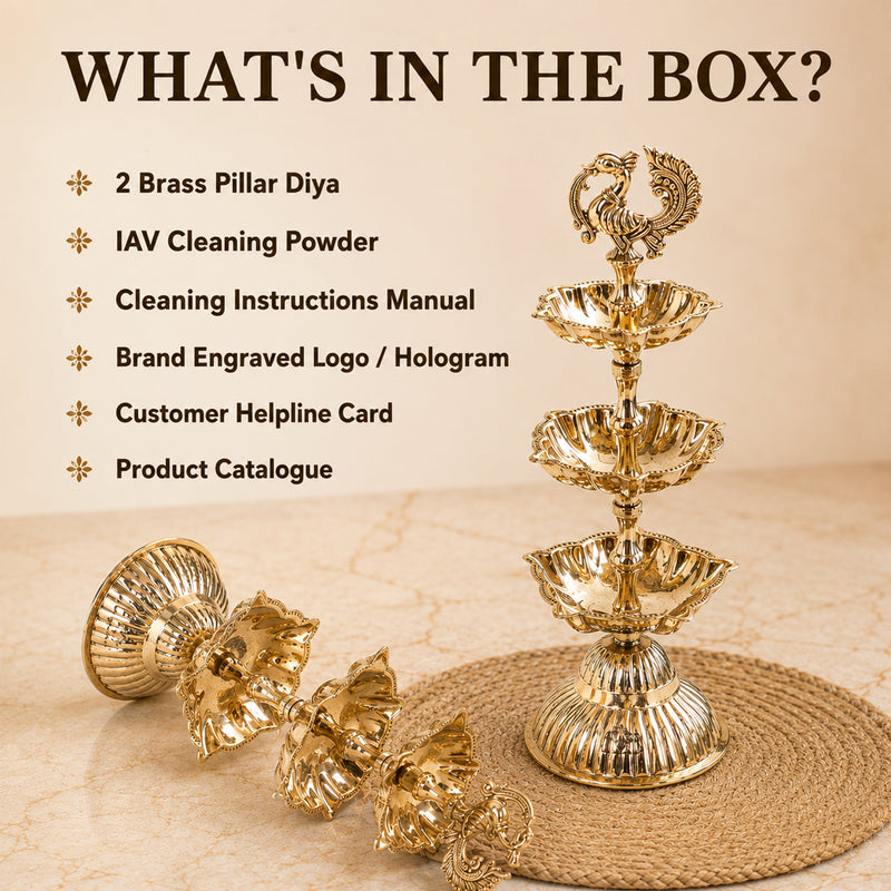 Brass Three-Tier Pillar Diya Set of 2 for Pooja & Home Décor