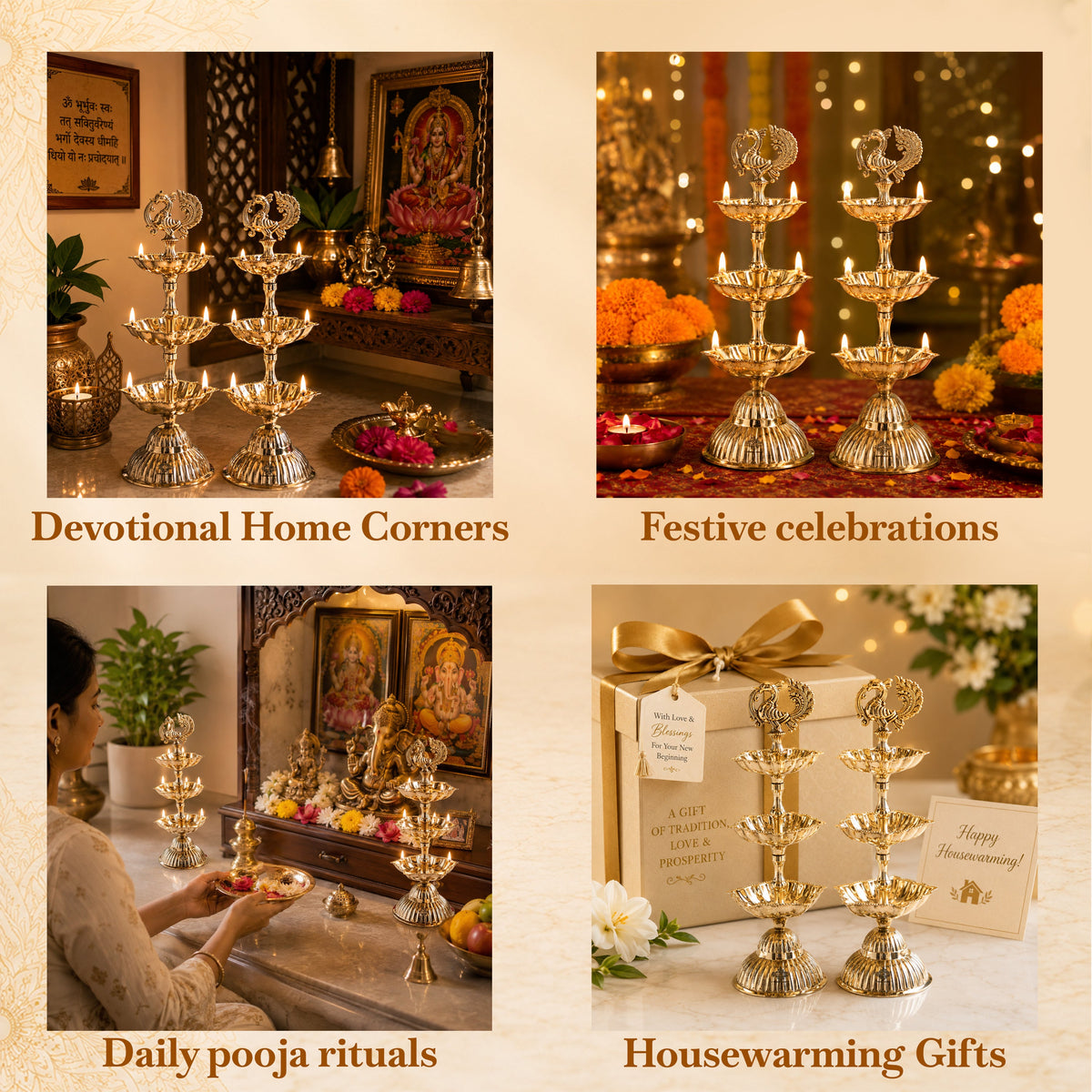 Brass Three-Tier Pillar Diya Set of 2 for Pooja & Home Décor