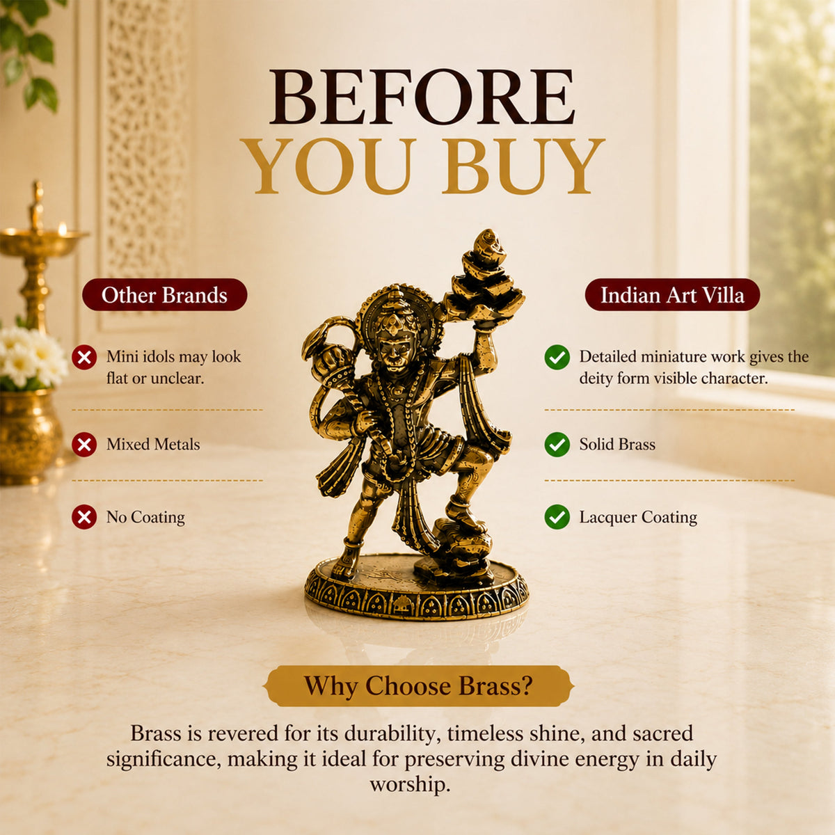 Pure Brass Miniature Hanuman Ji Standing Murti with Parvat