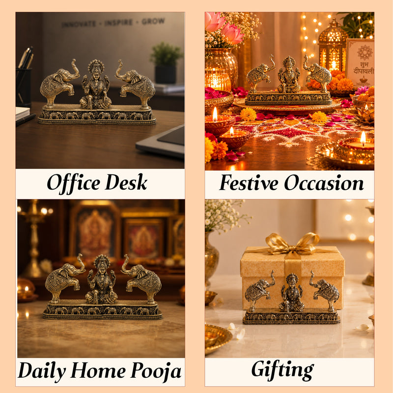 Brass Lakshmi Idol with Elephant Design - Pooja Home Temple Décor and Gifting