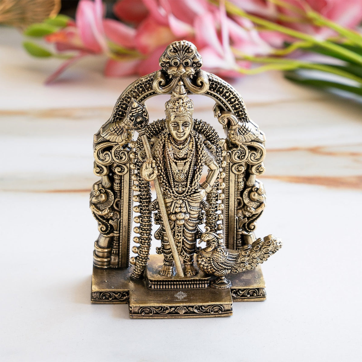 Lord Murugan Brass Idol with Temple Arch Design - Pooja and Spiritual Home Decor