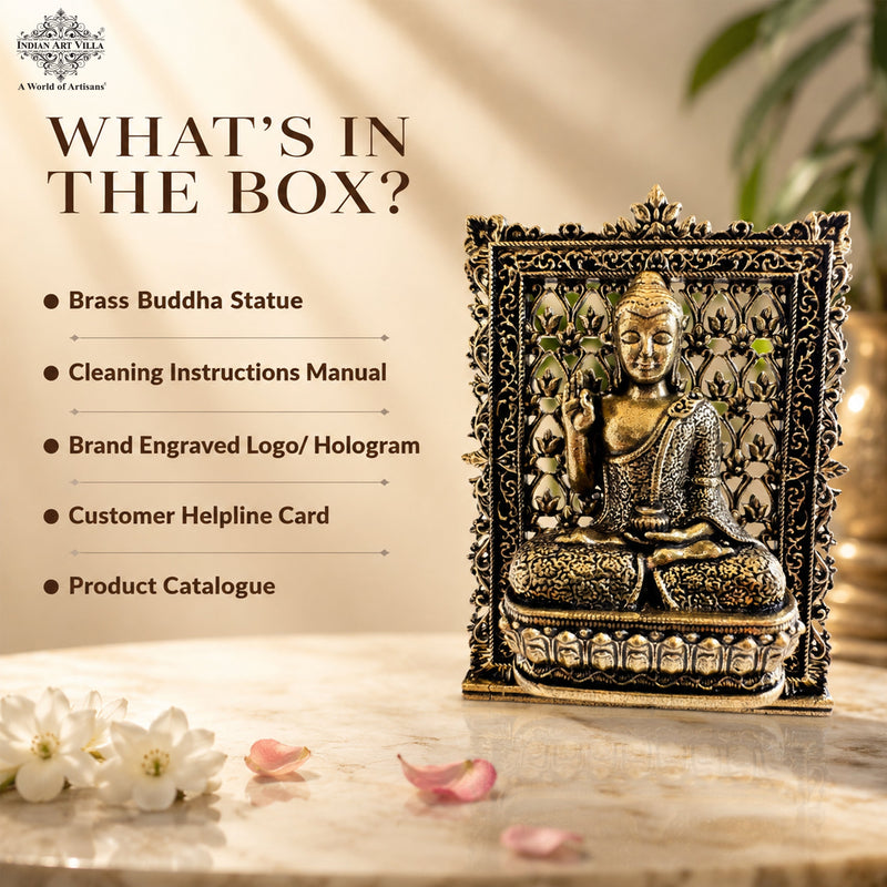 Pure Brass Miniature Buddha Statue with Ornate Decorative Border - 7.29 cm