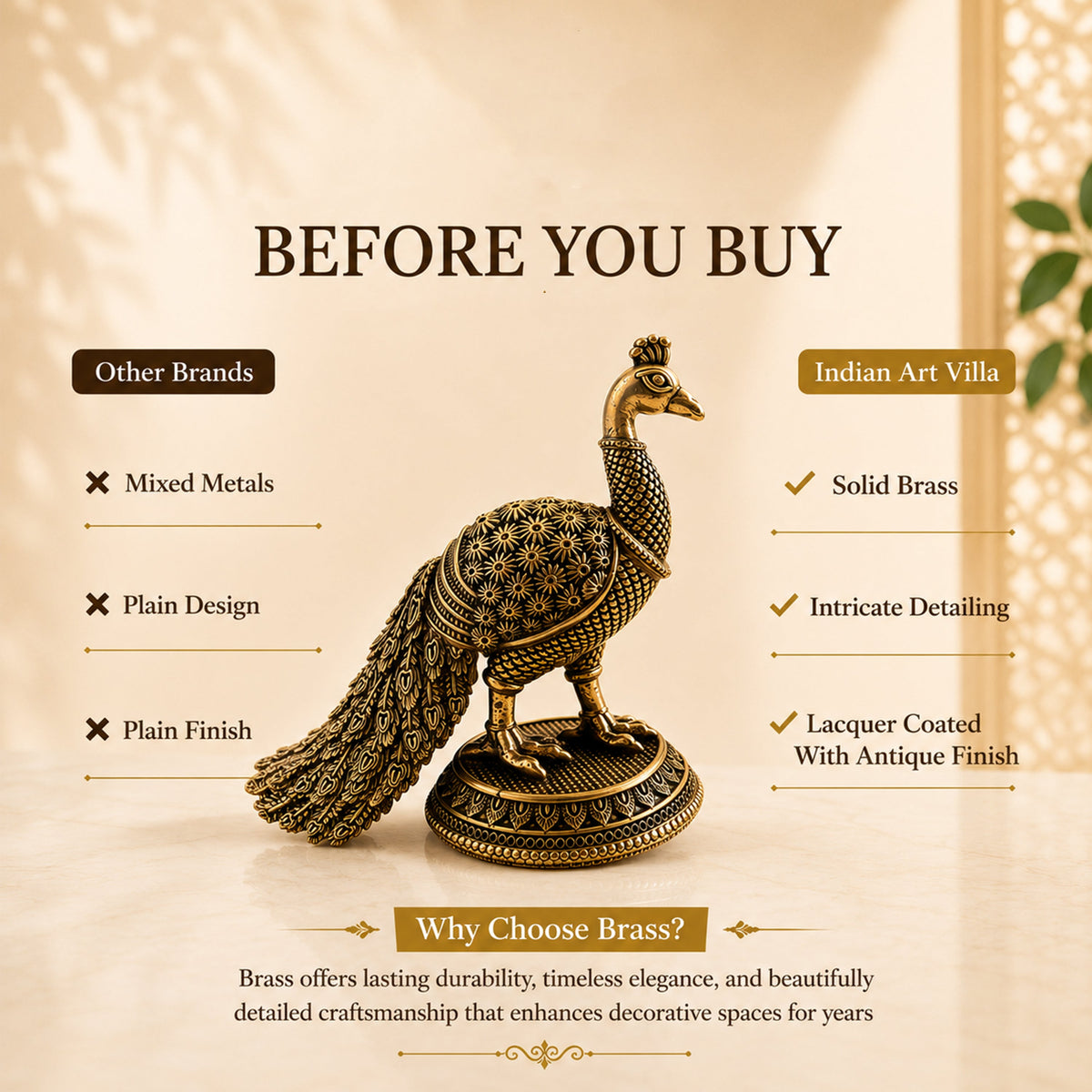 Brass Peacock Statue- 10.16 cm
