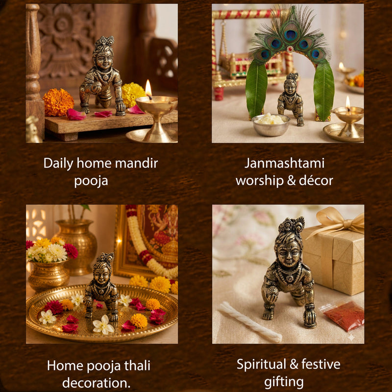 Pure Brass Miniature Laddu Gopal Krishna Ji Crawling Murti for Home Pooja