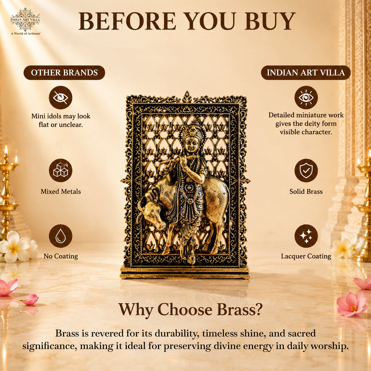 Pure Brass Miniature Krishna Ji Murti with Cow - 7.87 cm