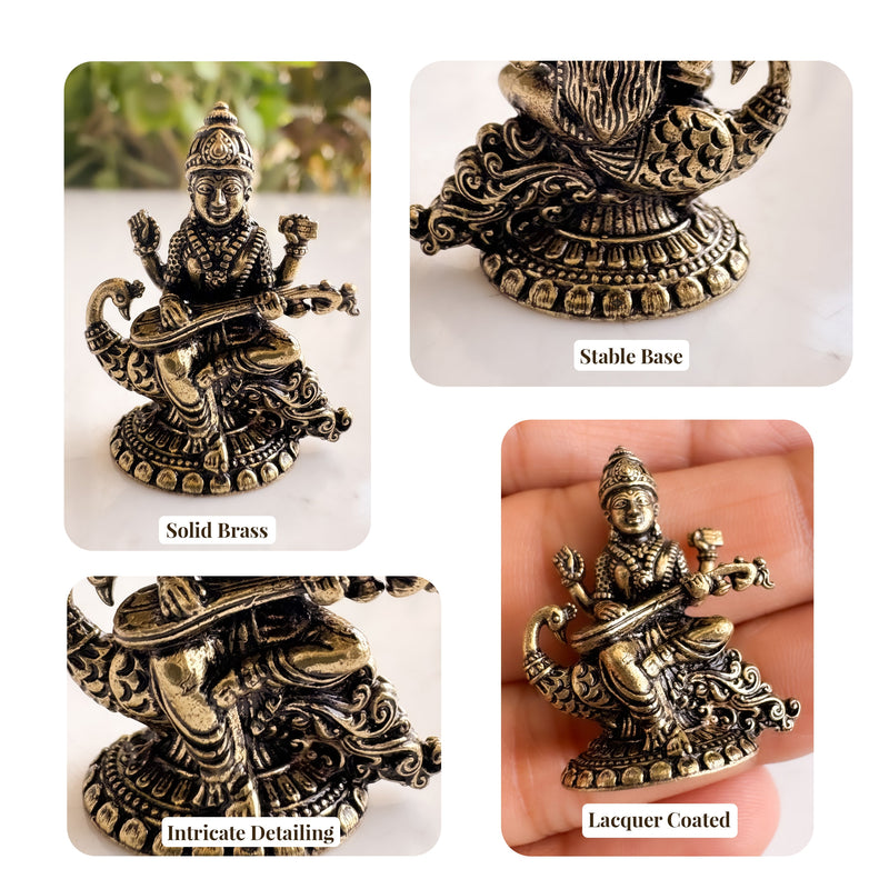 Brass Miniature Saraswati Ji Murti on Peacock - 2.90 CM
