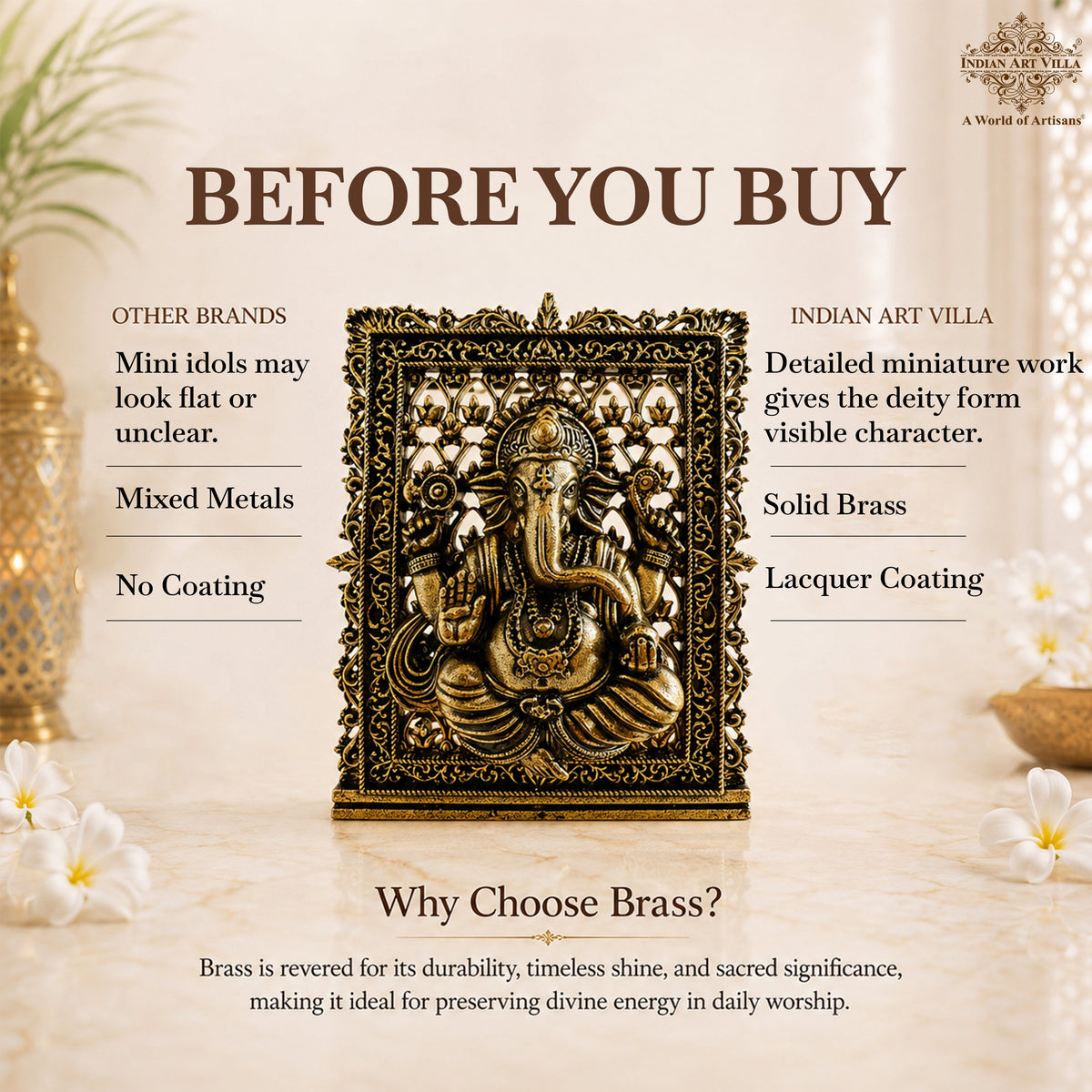 Pure Brass Miniature Ganesha Idol in Frame - 7.37 cm