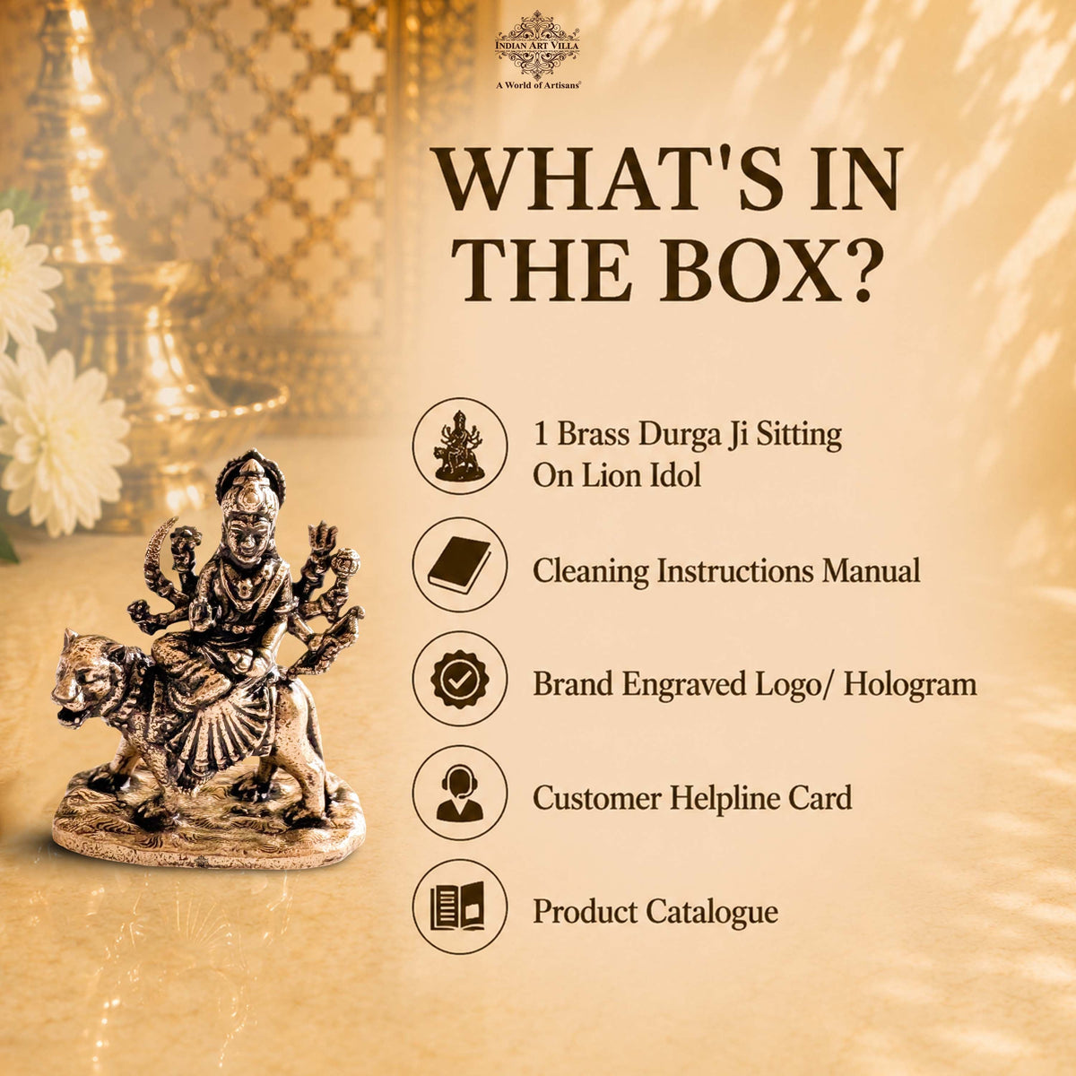 Pure Brass Miniature Durga Ji Sitting on Lion Idol for Pooja