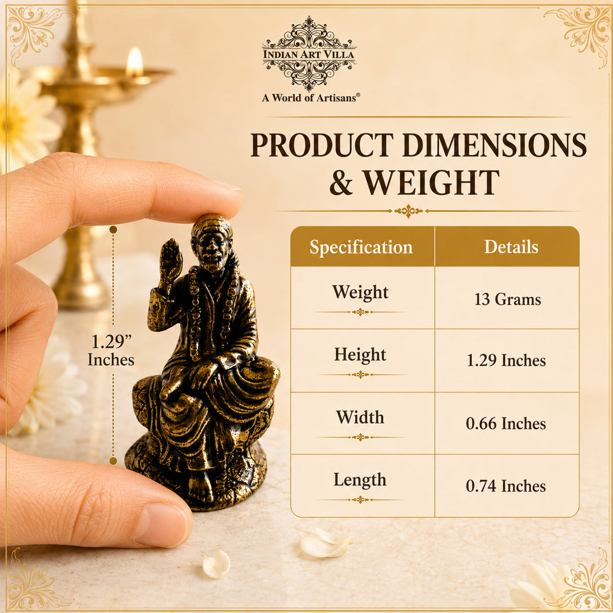 Brass Miniature Sai Baba Idol For Home Temple & Office Desk - 3.28 cm