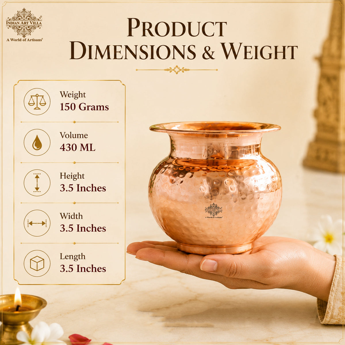 Pure Copper Hammered Lota for Pooja & Traditional Use - 430 ML