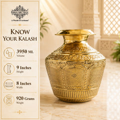 Pure Brass Embossed Design Kalash with Scrollwork & Floral Base - 3950ml
