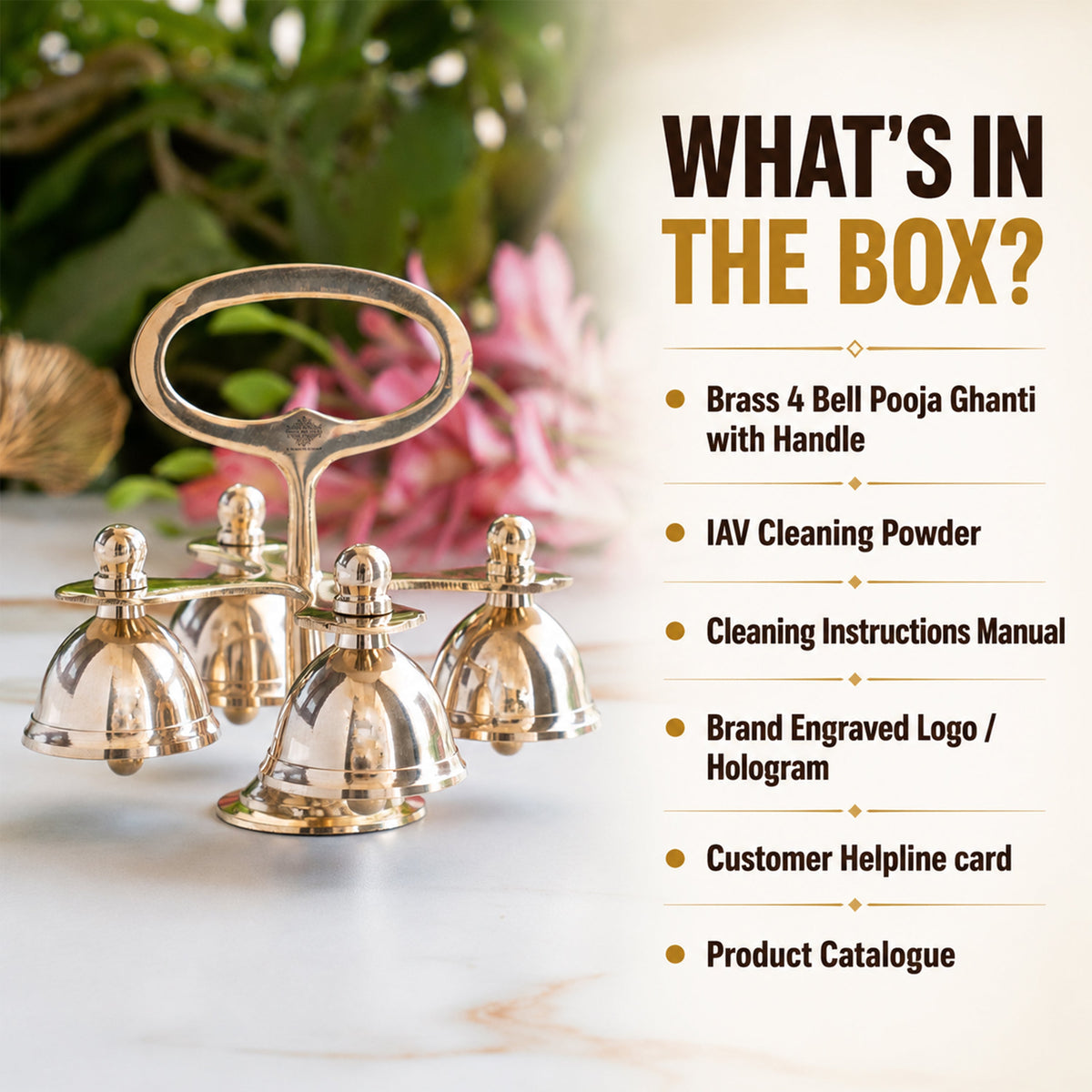 Brass 4 Bell with Ergonomic Handle| Multi-Tone Temple Bell