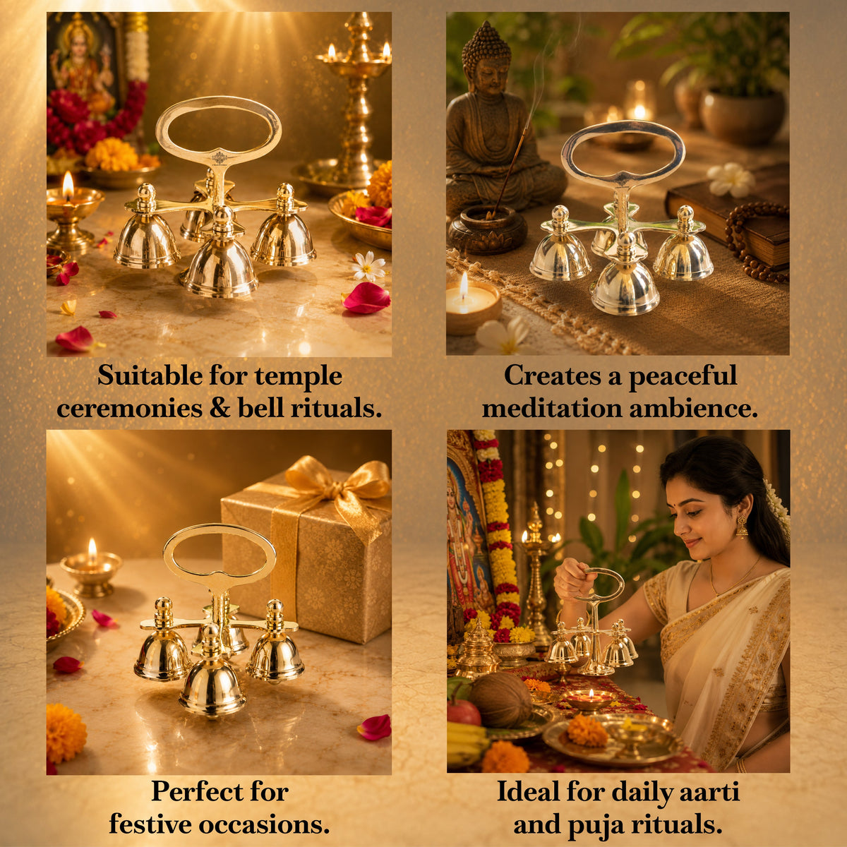 Brass 4 Bell with Ergonomic Handle| Multi-Tone Temple Bell