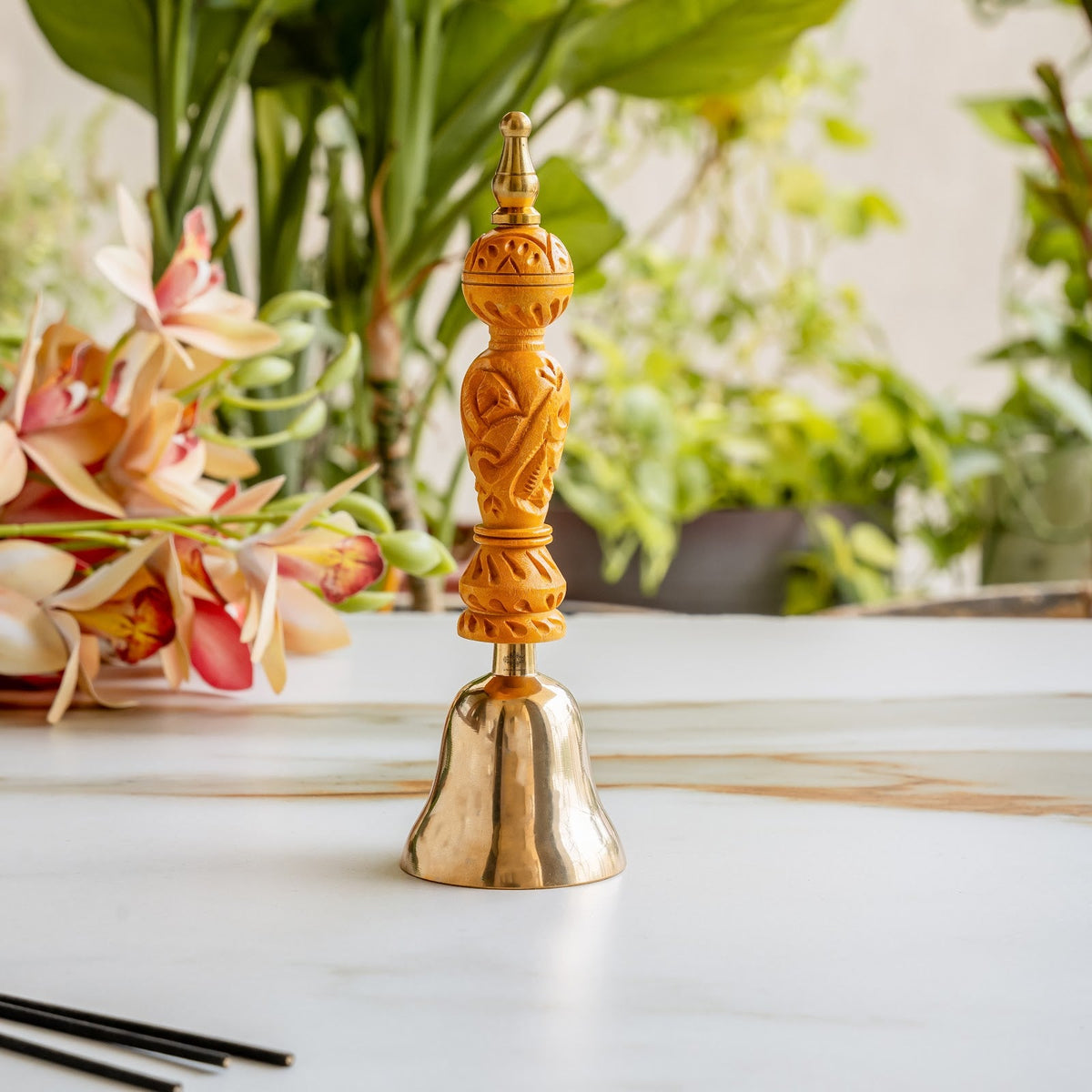Bronze Pooja Bell with Carved Wooden Handle, Non-Lacquered