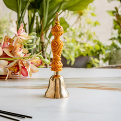 Bronze Pooja Bell with Carved Wooden Handle, Non-Lacquered