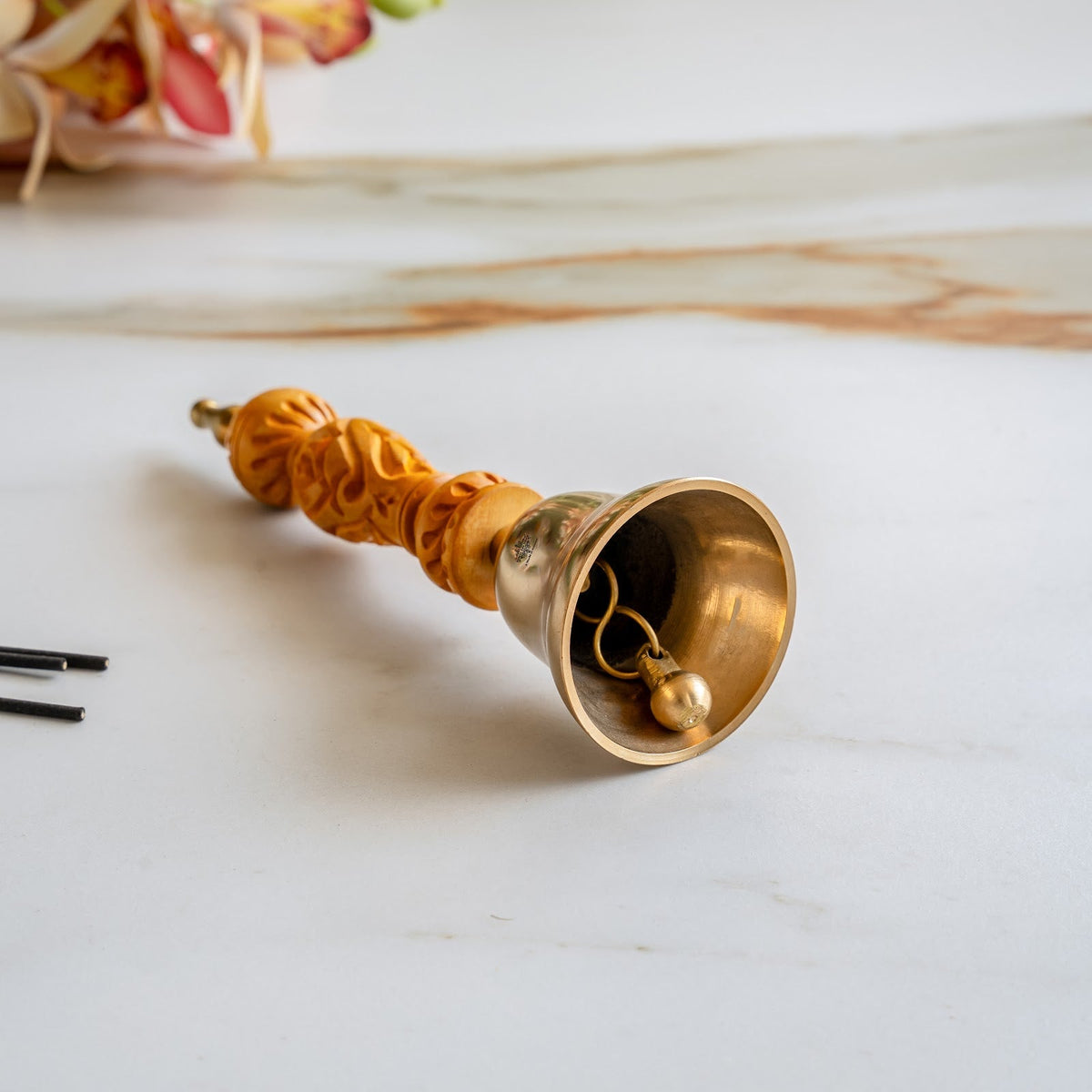 Bronze Pooja Bell with Carved Wooden Handle, Non-Lacquered