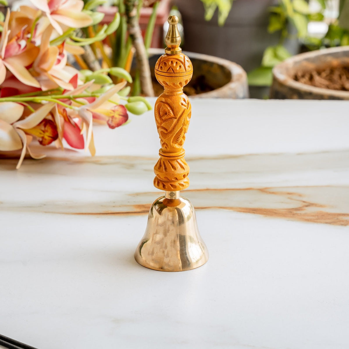 Bronze Pooja Bell with Carved Wooden Handle, Non-Lacquered