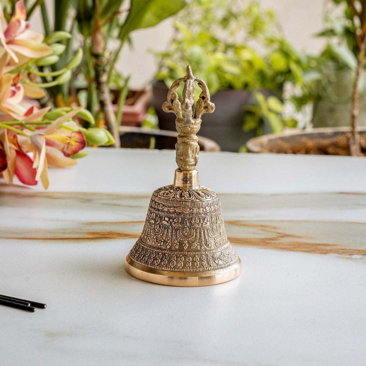 Brass Pooja Bell with Embossed Design and Traditional Vajra Handle