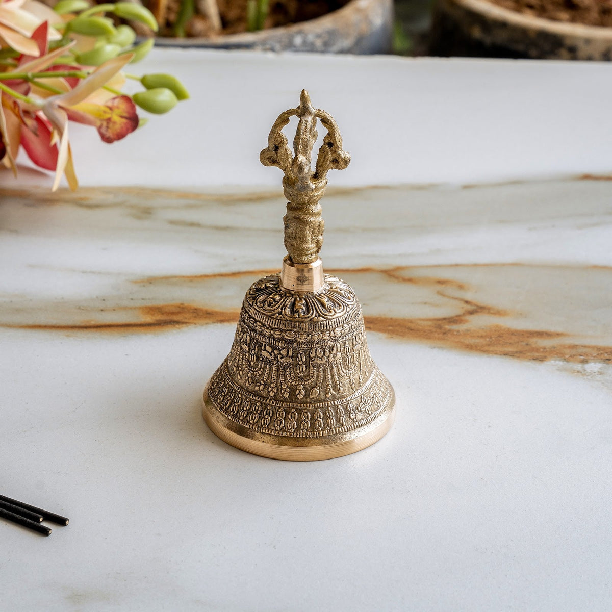 Brass Pooja Bell with Embossed Design and Traditional Vajra Handle