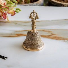 Brass Pooja Bell with Embossed Design and Traditional Vajra Handle