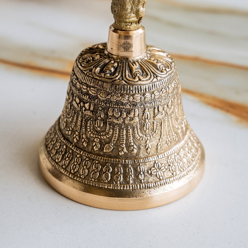 Brass Pooja Bell with Embossed Design and Traditional Vajra Handle