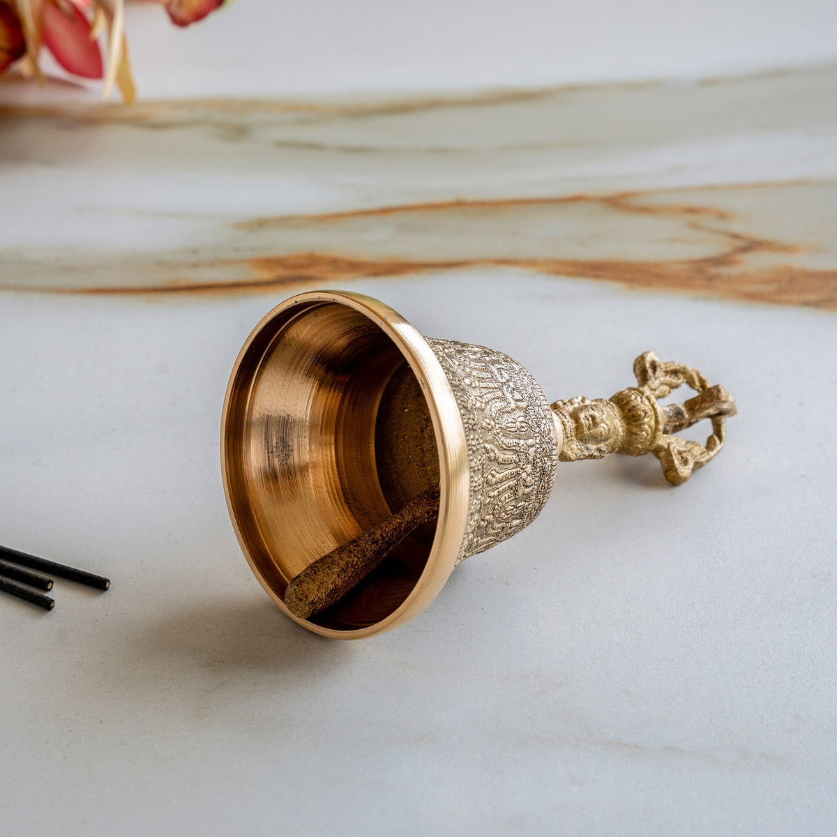 Brass Pooja Bell with Embossed Design and Traditional Vajra Handle