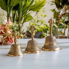 Brass Pooja Bell with Embossed Design and Traditional Vajra Handle