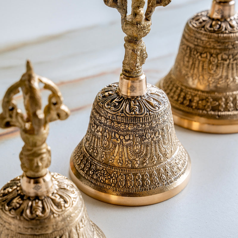 Brass Pooja Bell with Embossed Design and Traditional Vajra Handle