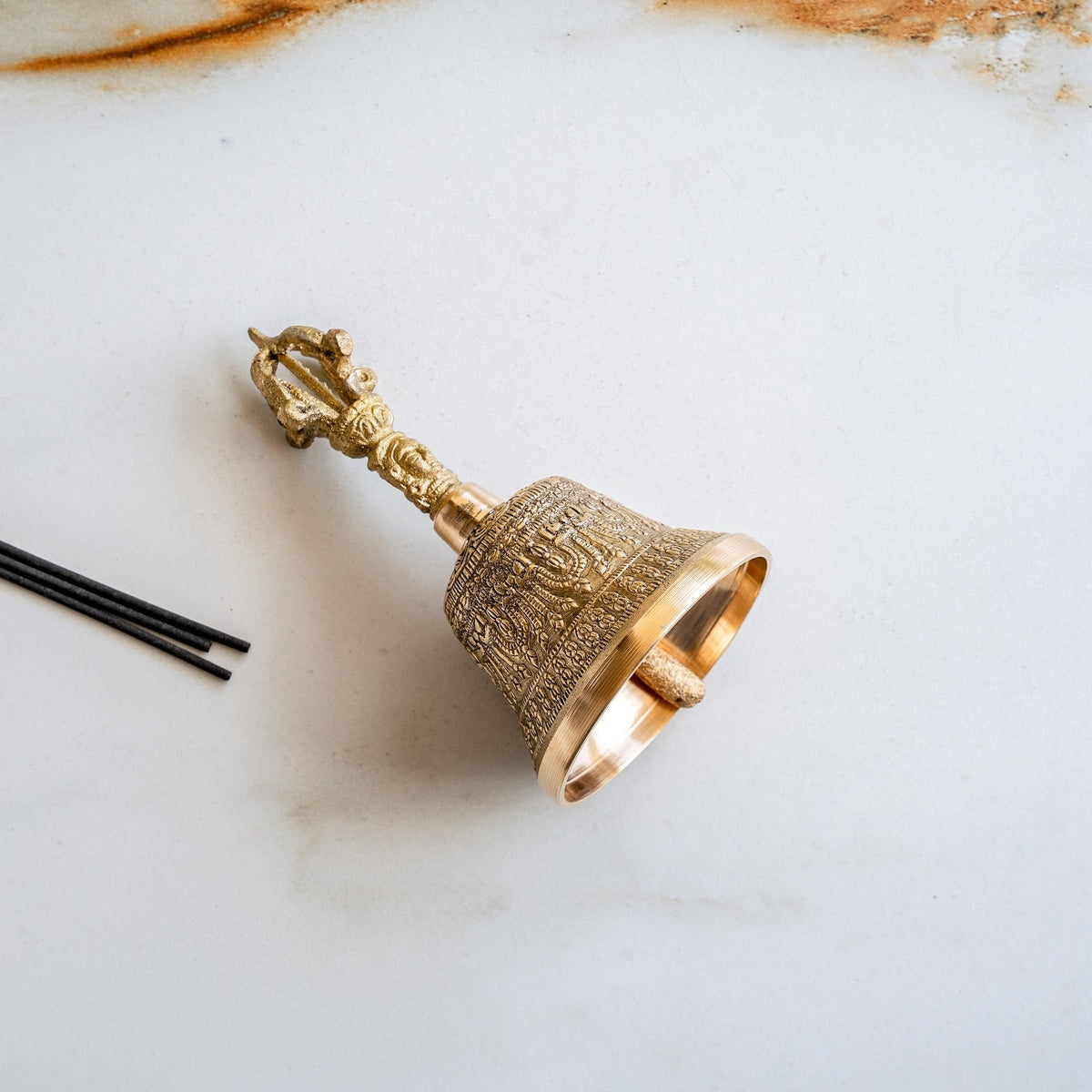 Brass Pooja Bell with Embossed Design and Traditional Vajra Handle