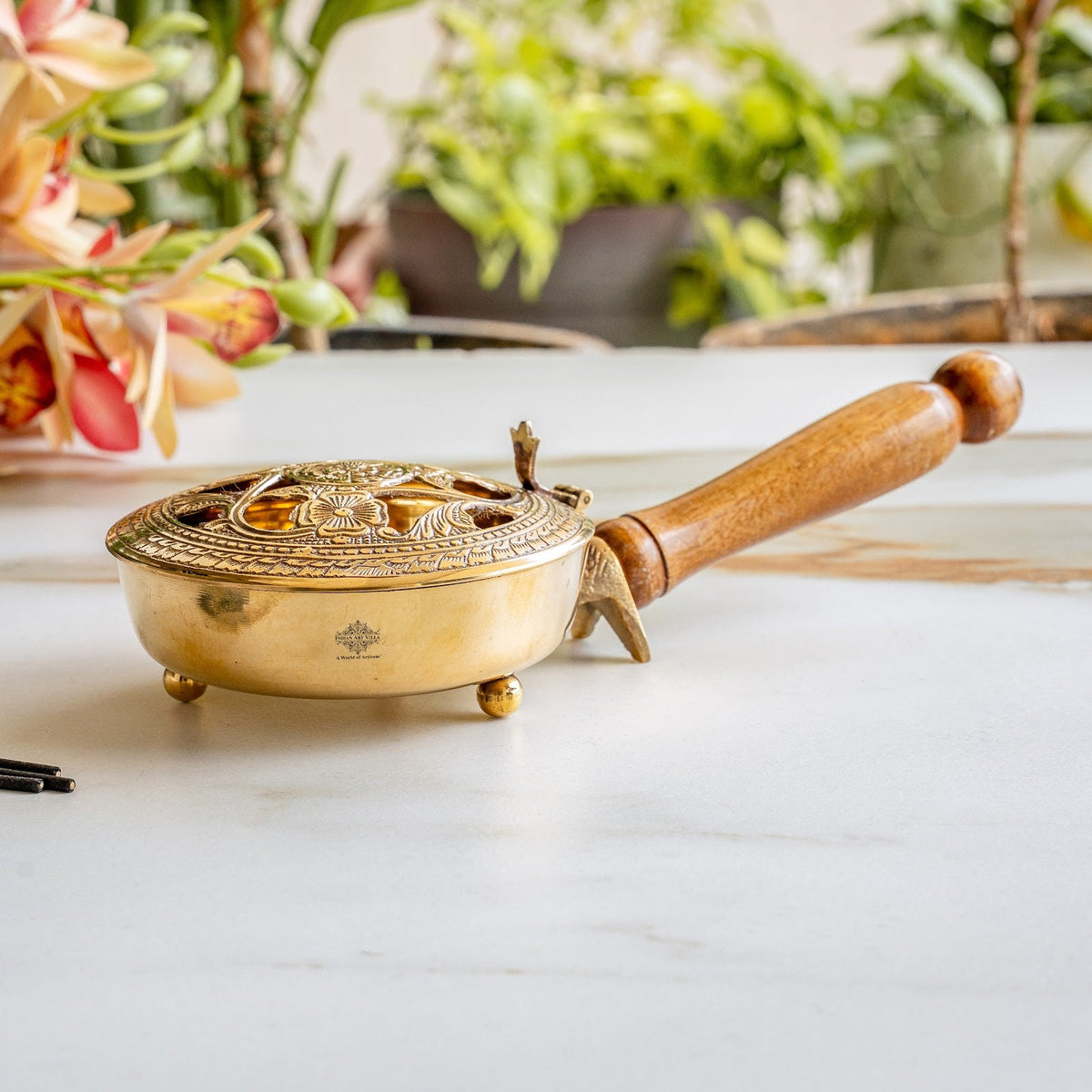 Brass Dhoopdan with Embossed Lid and Wooden Handle