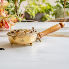 Brass Dhoopdan with Embossed Lid and Wooden Handle
