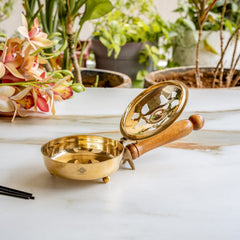 Brass Dhoopdan with Embossed Lid and Wooden Handle