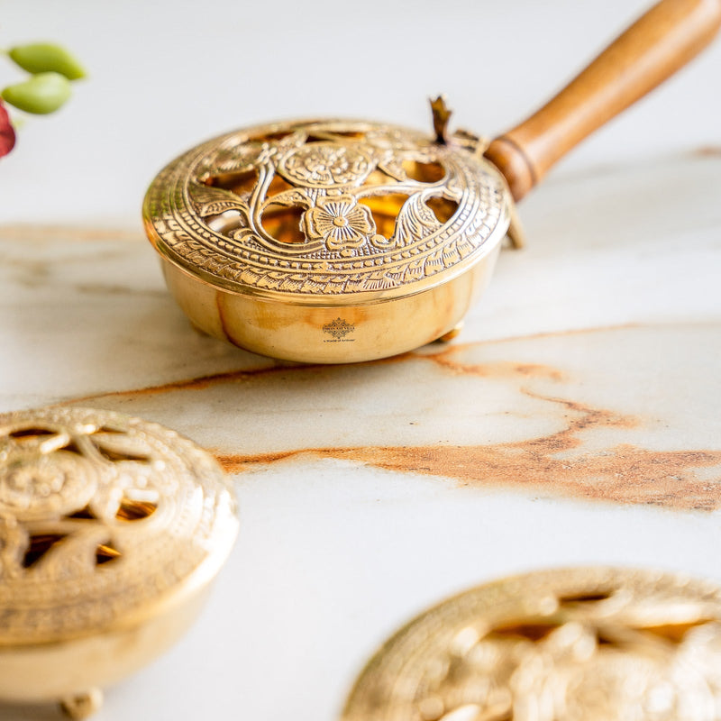 Brass Dhoopdan with Embossed Lid and Wooden Handle