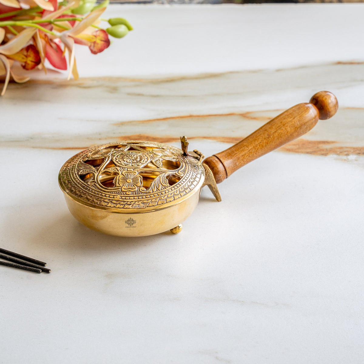 Brass Dhoopdan with Embossed Lid and Wooden Handle