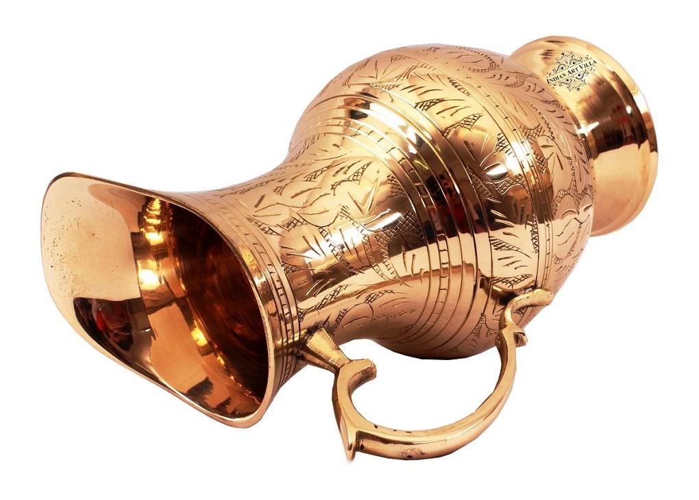 Handmade Pure Brass Jug Pitcher with Glass Set with Mughlai Style, Drinkware, Tableware