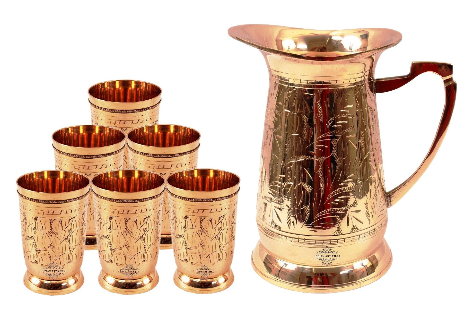Handcrafted Pure Copper Jug Pitcher with Glass Set with Mughlai Style, Drinkware, Serveware Set