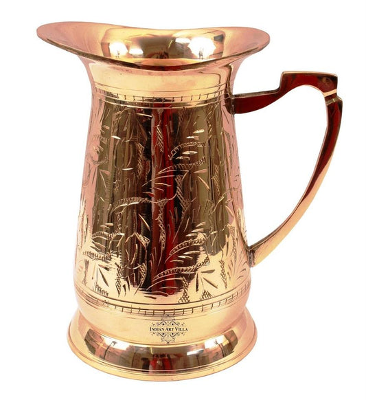 Handcrafted Pure Copper Jug Pitcher with Glass Set with Mughlai Style, Drinkware, Serveware Set
