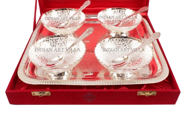 Silver Plated Designer Set of 4 Bowl 4 Spoon 1 Tray