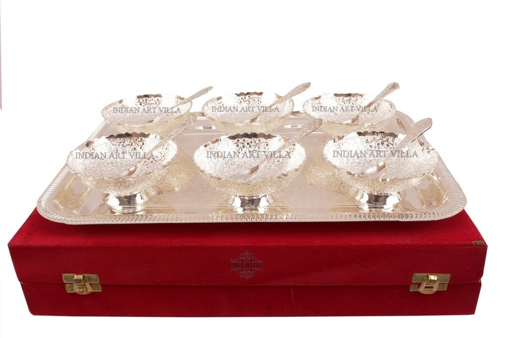 Silver Plated Designer Set of 6 Bowl 6 Spoon 1 Tray