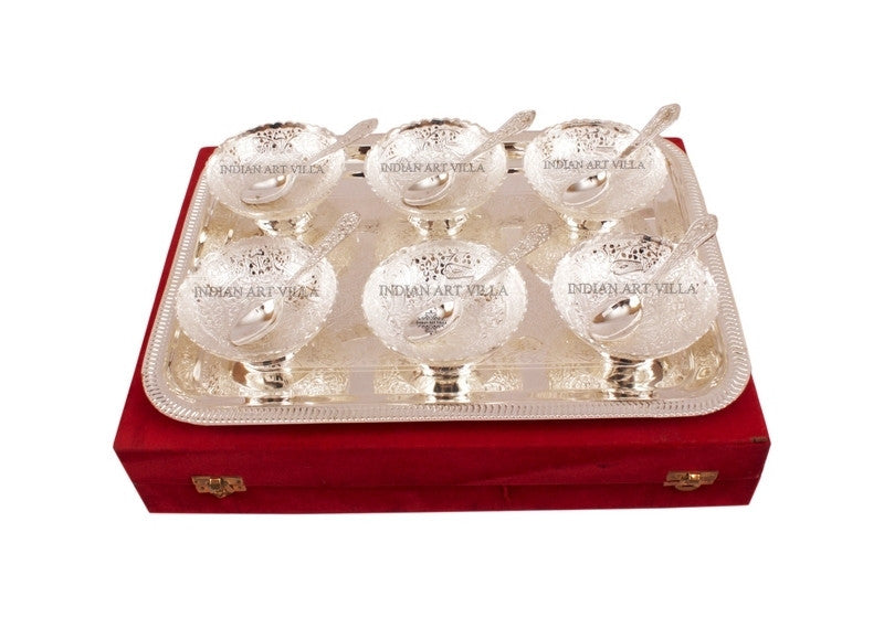 Silver Plated Designer Set of 6 Bowl 6 Spoon 1 Tray