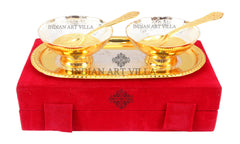 Silver Plated Gold Polished Embossed Design 2 Bowl & 2 Spoon & 1 Tray