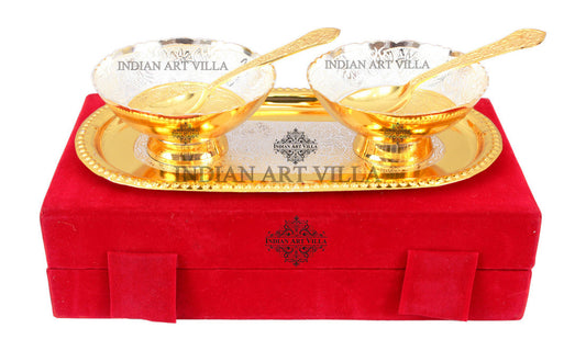 Silver Plated Gold Polished Embossed Design 2 Bowl & 2 Spoon & 1 Tray