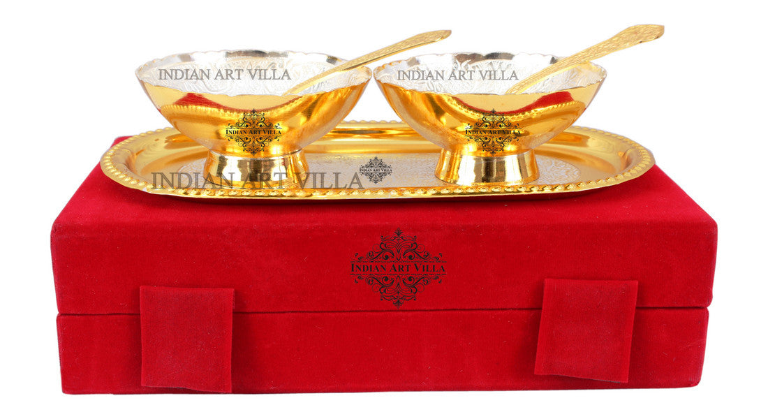 Silver Plated Gold Polished Embossed Design 2 Bowl & 2 Spoon & 1 Tray