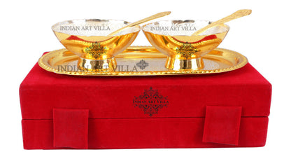Silver Plated Gold Polished Embossed Design 2 Bowl & 2 Spoon & 1 Tray