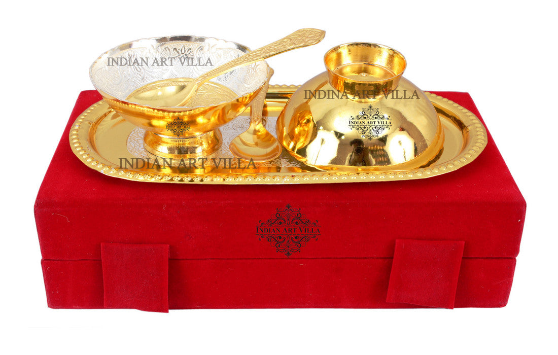 Silver Plated Gold Polished Embossed Design 2 Bowl & 2 Spoon & 1 Tray