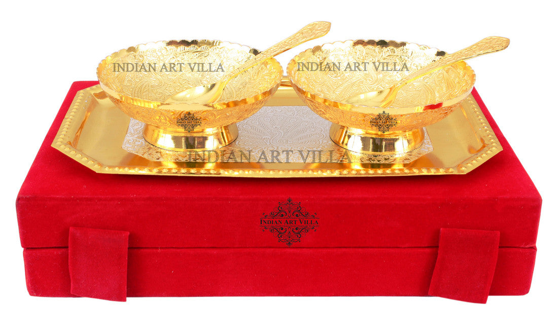 Pure Silver Plated Gold Polished Designer 2 Bowl with 2 Spoon & 1 Tray
