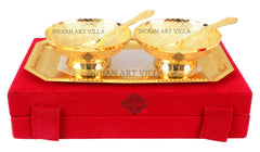 Pure Silver Plated Gold Polished Designer 2 Bowl with 2 Spoon & 1 Tray